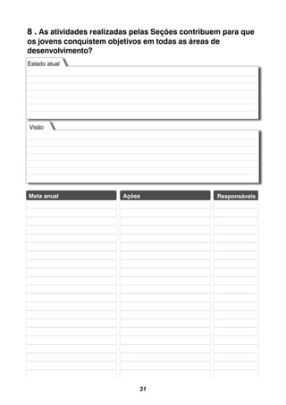 31
8 . As atividades realizadas pelas Seções contribuem para que
os jovens conquistem objetivos em todas as áreas de
desenvolvimento?
 