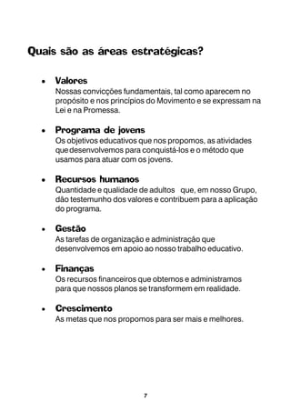 7
Quais são as áreas estratégicas?
••••• Valores
Nossas convicções fundamentais, tal como aparecem no
propósito e nos princípios do Movimento e se expressam na
Lei e na Promessa.
••••• Programa de jovens
Os objetivos educativos que nos propomos, as atividades
quedesenvolvemos para conquistá-los e o método que
usamos para atuar com os jovens.
••••• Recursos humanos
Quantidade e qualidade de adultos que, em nosso Grupo,
dão testemunho dos valores e contribuem para a aplicação
do programa.
• Gestão
As tarefas de organização e administração que
desenvolvemos em apoio ao nosso trabalho educativo.
• Finanças
Os recursos financeiros que obtemos e administramos
para que nossos planos se transformem em realidade.
• Crescimento
As metas que nos propomos para ser mais e melhores.
 