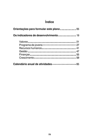 79
Índice
Orientações para formular este plano 05
Os indicadores de desenvolvimento 19
Valores 21
Programa de jovens 27
Recursos humanos 41
Gestão 47
Finanças 55
Crescimento 59
Calendário anual de atividades 65
○ ○ ○ ○ ○ ○ ○ ○ ○ ○ ○
○ ○ ○ ○ ○ ○ ○ ○ ○ ○ ○ ○ ○
○ ○ ○ ○ ○ ○ ○ ○ ○ ○ ○ ○ ○ ○ ○ ○ ○ ○ ○ ○ ○ ○ ○ ○ ○ ○ ○ ○ ○ ○ ○ ○ ○ ○ ○ ○
○ ○ ○ ○ ○ ○ ○ ○ ○ ○ ○ ○ ○ ○ ○ ○ ○ ○ ○ ○ ○ ○ ○ ○ ○
○ ○ ○ ○ ○ ○ ○ ○ ○ ○ ○ ○ ○ ○ ○ ○ ○ ○
○ ○ ○ ○ ○ ○ ○ ○ ○ ○ ○ ○ ○ ○ ○ ○ ○ ○ ○ ○ ○ ○ ○ ○ ○
○ ○ ○ ○ ○ ○ ○ ○ ○ ○ ○ ○ ○ ○ ○ ○ ○ ○ ○ ○ ○ ○ ○ ○ ○ ○ ○ ○ ○ ○ ○ ○ ○ ○ ○ ○
○ ○ ○ ○ ○ ○ ○ ○ ○ ○ ○ ○ ○ ○ ○ ○ ○ ○ ○ ○ ○ ○ ○ ○ ○ ○ ○ ○ ○ ○ ○ ○ ○ ○
○ ○ ○ ○ ○ ○ ○ ○ ○ ○ ○ ○ ○ ○ ○ ○ ○ ○ ○ ○ ○ ○ ○ ○ ○ ○ ○ ○ ○ ○ ○
 