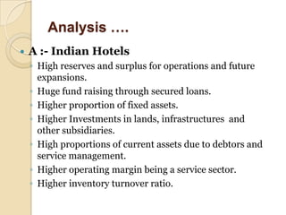 Analysis ….
   A :- Indian Hotels
    ◦ High reserves and surplus for operations and future
      expansions.
    ◦ Huge fund raising through secured loans.
    ◦ Higher proportion of fixed assets.
    ◦ Higher Investments in lands, infrastructures and
      other subsidiaries.
    ◦ High proportions of current assets due to debtors and
      service management.
    ◦ Higher operating margin being a service sector.
    ◦ Higher inventory turnover ratio.
 