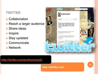 Facebook: Oh No…….20www.facebook.comSocial networking siteGames – educational games availableAnother way to stay in touch and connect with studentsAnother way to remind students about upcoming events and activities Variety of Privacy Settingshttp://www.facebook.com/joshmurdock