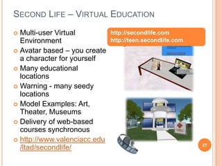 Facebook: Educational UsesAllows for easy communications among classmates, the way they like to communicateAllows classmates to get to know one another on a social level outside of classCan be used to broadcast messages to students about upcoming activities/assignments in a place where they are always looking 21