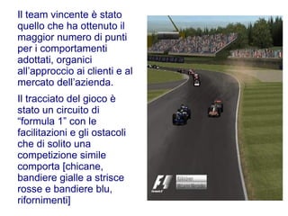 Il team vincente è stato
quello che ha ottenuto il
maggior numero di punti
per i comportamenti
adottati, organici
all’approccio ai clienti e al
mercato dell’azienda.
Il tracciato del gioco è
stato un circuito di
“formula 1” con le
facilitazioni e gli ostacoli
che di solito una
competizione simile
comporta [chicane,
bandiere gialle a strisce
rosse e bandiere blu,
rifornimenti]
 