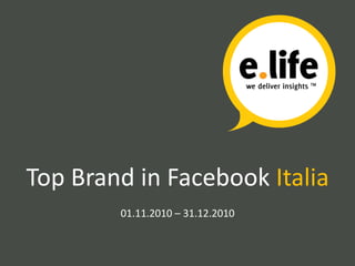 Top Brand in Facebook Italia
        01.11.2010 – 31.12.2010
 