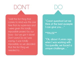 DO
“Great question! Let me
think of the best example
I can give you…”
**PAUSE**
“Ok, about 4 years ago,
when I was working with
Tocqueville, we faced a
unique challenge…”
“Well the first thing that
comes to mind was this one
time that my supervisor and
I were given this totally
impossible project by our
boss - but we got it done!
Don’t worry! So as I was
saying, it was totally
impossible, so we decided
that the first thing we
needed to…”
DON’T
 