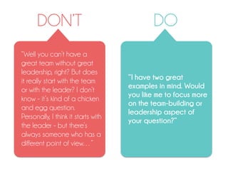 DO
“I have two great
examples in mind. Would
you like me to focus more
on the team-building or
leadership aspect of
your question?”
“Well you can’t have a
great team without great
leadership, right? But does
it really start with the team
or with the leader? I don’t
know - it’s kind of a chicken
and egg question.
Personally, I think it starts with
the leader - but there’s
always someone who has a
different point of view…”
DON’T
 