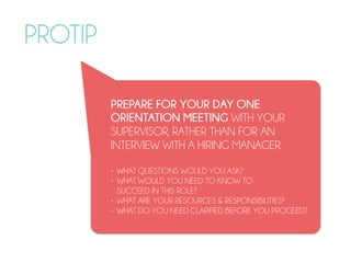 PROTIP
PREPARE FOR YOUR DAY ONE
ORIENTATION MEETING WITH YOUR
SUPERVISOR, RATHER THAN FOR AN  
INTERVIEW WITH A HIRING MANAGER.
• WHAT QUESTIONS WOULD YOU ASK?
• WHAT WOULD YOU NEED TO KNOW TO  
SUCCEED IN THIS ROLE?
• WHAT ARE YOUR RESOURCES & RESPONSIBILITIES?
• WHAT DO YOU NEED CLARIFIED BEFORE YOU PROCEED?
 