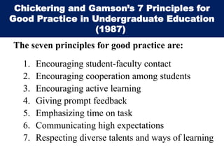 Chickering and Gamson’s 7 Principles for
Good Practice in Undergraduate Education
(1987)
The seven principles for good practice are:
1. Encouraging student-faculty contact
2. Encouraging cooperation among students
3. Encouraging active learning
4. Giving prompt feedback
5. Emphasizing time on task
6. Communicating high expectations
7. Respecting diverse talents and ways of learning
 