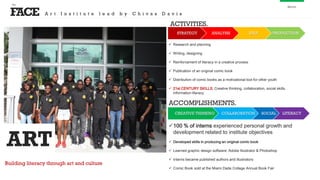 FACE
the
About
STRATEGY ANALYSIS IDEA PRODUCTION
 Research and planning
 Writing, designing
 Reinforcement of literacy in a creative process
 Publication of an original comic book
 Distribution of comic books as a motivational tool for other youth
 21st CENTURY SKILLS: Creative thinking, collaboration, social skills,
information literacy
ACTIVITIES.
CREATIVE THINKING COLLABORATION SOCIAL LITERACY
100 % of interns experienced personal growth and
development related to institute objectives
 Developed skills in producing an original comic book
 Learned graphic design software: Adobe Illustrator & Photoshop
 Interns became published authors and illustrators
 Comic Book sold at the Miami Dade College Annual Book Fair
ACCOMPLISHMENTS.
ART
Building literacy through art and culture
A r t I n s t i t u t e l e a d b y C h i v a s D a v i s
 