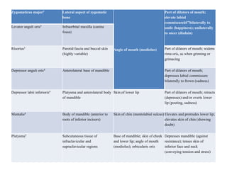 Zygomaticus major3

Lateral aspect of zygomatic
bone

Levator anguli oris3

Infraorbital maxilla (canine
fossa)

Risorius3

Parotid fascia and buccal skin
(highly variable)

Depressor anguli oris4

Anterolateral base of mandible

Part of dilators of mouth;
depresses labial commissure
bilaterally to frown (sadness)

Depressor labii inferioris4

Platysma and anterolateral body Skin of lower lip
of mandible

Part of dilators of mouth; retracts
(depresses) and/or everts lower
lip (pouting, sadness)

Mentalis4

Body of mandible (anterior to
roots of inferior incisors)

Skin of chin (mentolabial sulcus) Elevates and protrudes lower lip;
elevates skin of chin (showing
doubt)

Platysma5

Subcutaneous tissue of
infraclavicular and
supraclavicular regions

Base of mandible; skin of cheek Depresses mandible (against
and lower lip; angle of mouth
resistance); tenses skin of
(modiolus); orbicularis oris
inferior face and neck
(conveying tension and stress)

Part of dilators of mouth;
elevate labial
commissureâ€”bilaterally to
smile (happiness); unilaterally
to sneer (disdain)

Angle of mouth (modiolus)

Part of dilators of mouth; widens
rima oris, as when grinning or
grimacing

 