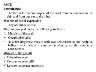 FACE
Introduction
• The face is the anterior aspect of the head from the forehead to the
chin and from one ear to the other
Muscles of facial expression
• They are subcutaneous
They are grouped under the following six heads
1. Muscles of the scalp
 Occipitofrontalis:
• is a flat diagastric muscle with two bellies(frontal and occipital
bellies) which share a common tendon called the epicranial
aponeuroses
Muscles of the eyelids
 Orbicularis oculi
 Corrugator supercilli
 Levator palpebrae superioris

 