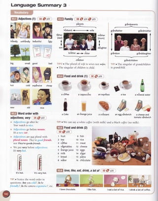 lEfl Adjectives(1) 3AO p22 fEl Family, sa6) p2qO pzs
beSutifulfrlendty unfri'endty
il"rfru
big small
Language Summary 3
ffi$
r,..iil n----I ill I /r,lr.r,l
"|::: 1
w Lal
bad
nlHiiil
E
lqs l
cheap
fither
(dad)
tV
son
gr
gr
f,St Foodanddrink(2)
3Do p28
t fruit
2 tea
: c6ffee
+ vEgetabtes
s 6rangejuice
6 mitk
z bread
s witer
!
a caPPucctno
juice a crdissant an egg sindwich a cheeseand
tomato sindwich
't: r'
Sndfather grindmother
igtv
m6ther
(mum)
iV
da'ughter
ru1good
{FI Wordorderwith
adjectives;uery 3AQ pzz
Adjectives go afterbe:
Yourwatch is lrice.
djcclives go belorenouns:
It anttt cctr.
.{rljcctivcs arenot plural with
plural noutrs:They'reurl:,dfriends.
notIhq4egeeh,Jffi.
We put tery before:rdicctives :
It yew h<tl.
ffiffiIt'shot. lt'sveryhot.
6range
s,#
Sndson grinddaughter
grindchitdren
Tf$r1o The singular of grandchildren
is grandchild.
.Q At[ 6_-.
D*b
a tea a mineralwater
-
f[f,f lorq like,eat,drink,atotof 3D@ p28
;ff,["i*i'''i,:lii.li",",.*S-
-Sr,
Hfuli i<'ncl ?,ls thecamera
pErenis
hisband<--> wife
grindparents
br8ther<--> sister
f,Fll Foodanddrink(1)
chitdren
TIPS1r The plural of wife is wivesnot ++ife
. The singular of childrenis child.
t
i*
a cBffee
li
t
a Coke an
TIP!oWe cansaya whitecoffee(with milk) and a blachcolfee(no milk).
g fish
10 rice
11 meat
1z cheese
13 eggs
t+ sigar
ts pista
te ch6colate
3C@ p26
lQ,i
anesprEsso
| love chocolate. I tike fish. I eat a lot of rice. I drink a lot of coffee.
 