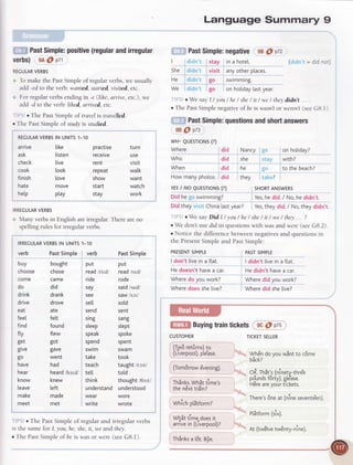 PastSimple:positive(regularandirregular
verbs) 9A@ p71
RECULARVERBS
To make the PastSimple of regularverbs,we usually
add -ed to the verb: wanteil, starteil, visited, etc.
For regularverbs ending in -e (lihe, an'iye,etc.),we
add -d to the verb: liheil. arriveil. etc.
o The PastSimple ol travelis travelled.
. The PastSimple of studyis studied.
REGULARVERBSIN UNITS1_10
practise turn
receive use
rent visit
repeat walk
show want
start watch
stay work
IRREGULARVERBS
Many verbs in English are irregular. There are no
spelling rules flor irregular verbs.
IRREGULARVERBSIN UNITS
Language Summary 9
PastSimple:negative eB(l p72
c,.;n't stay in a hotel. (:,d ' : = did .ct)
didn't visit anyotherplaces.
didn't go swimming.
didn't go on hotidaylastyear.
. We say I / you / he/ she/ it / we/ theydidn't ... .
o The PastSimple negativeof beis wasn'tor weren't(seeG8.I ,
PastSimple:questionsandshortanswers
98 @ p73
wH- QUEST|ONS(?)
Where did Nancy 9.o on holiday?
Who did she stay with?
When did he s.Ll to the beach?
How manyphotos did they takr,?
YESI NO QUESTTONS(?)
Did hego swimming?
She
He
We
arrive tike
ask listen
check live
cook look
finish love
hate move
hetp ptay
verb
buy
choose
come
do
drink
drive
eat
feel
find
ftv
get
give
go
have
hear
know
leave
make
meet
SHORTANSWERS
Yes,hedid./ No,hedidn't.
Did theyvitil Chinalastyear? Yes,theydid./ No,theydidn't.
o We sal Did I / you / he/ she/ it / we/ they... ?
o We don't usedid in questionswith was and were(seeGB.2).
o Notice the difference between negativesand questions in
the PresentSimple and PastSimple:
o The Past Simple of regular and irregular verbs
ls the same for I, you, he,she,it, we and they.
r The PastSimpleolbe is wds or were(seeG8.i).
fi qfil Buyingtraintickets ec@pts
CUSTOMER
(T1,v6retfirns)to
(LrverPoorJ,Ptease.
(Tom6rrow6vening).
Thinks.Whdttime's
thendxttra'in?
Whichpt5tform?
Wl.r6ttime.doesit
arrivein (Liverpoot)?
Thinksa t6t.a!e.
TICKETSELLER
WhEndo Vouwint to c6me
r a r^
DACK(
oR.ftr3t's(ninetv-thre'e
a | .a .' 
''opo.unosrorry],Ptease.
HereareyourIrcKets.
There's6neat (ninesevente'en).
PtStform(six).
At (tw6tvetw6nty-nine).
PastSimple
bought
chose
came
did
drank
drove
ate
fett
found
ftew
got
gave
went
had
heard/hsrd/
Knew
left
made
met
1-10
verb
Put
read/rirdi
ride
say
see
se[[
seno
sing
sleep
speak
spend
swim
take
teach
tell
think
understand
wear
write
PastSimple
Put
readiredl
rode
said/sed/
saw/scr/
sold
sent
sanS
slept
spoke
spent
swam
took
taughtitcrtl
totd
thought/0crt/
understood
wore
WTOIE
PRESENTSIMPLE
I don't [ivein a f[at.
He doesn'thavea car.
Wheredo you work?
Wheredoesshe[ive?
PASTSIMPLE
I didn't livein a flat.
Hedidn't havea car.
Wheredid you work?
Wheredid she[ive?
 