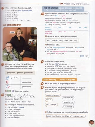 Heke sentencesabout thesepeople.
' rck ) Kevin NickisKevin'sfather.
I i:rrna -) Nick
i {er-in ) Fiona
e -inne .) Nick
i ler-in ) Anne
6 -nne and Kevin ) Nick and Fiona
3B Vocabularyand Grammar
:r 4,
a) Look at thesesentences.Then complete the table with
the words in blue and pink.
I'm Mary and this is Sid,my husband.
Her husband'snameis Nick andhe'sa doctor.
Thesearetheir two children- our grandchildren.
Itb a very nicephoto,I think.
subject you sne
Pronouns
possessive your his its
adjectives
b) Are thesewords verbs (V) or nouns (NX
they
be V sisterN famity listen read dog
Readtheserules.
We usesubjectpronounswith verbs(I'm,you listen,
theyread,etc.).
o We use possessiveadjectives with nouns (nry sister,
yotn'family, their dog, etc.).
r rli!:
I pI05
':'aa
i -:
',:
-
grandchildren
c)
o
a) Look at the photo. Sid and Mary are
lierin and Anne'sgrandparents.Then
complete the table with thesewords.
grandparentsgrandsongrandmother
a) f,lBl Listen to Mary talk about her
, family. Put thesepeople in the order she
talks about them (t-5).
Sid 7 Anne Fiona Kevin Nick
b) Listen again.Answer thesequestions.
1 How old is Sid? He's64.
z What is Fiona'sjob?
3 How old is Fiona?
+ What is Nicksjob?
5 Is Anne a goodmusician?
6 How old is Kevin?
@
Choosethe correct words.
t Is thisyou /@dictionaryZ
2 They/Their aren't with they/ theirparents.
s This is we/ our dog. He/ Hisname is Prince.
+ I / My friend Tammy is fromyou / your city.
5 Areyou / your at he/ hishouse now?
o She/ Herbrother'sa musician. but she/ herisn't.
O
Write the namesof people in your family.
@
a) Work in pairs. Tell your partner abour the people in
your tamily. Ask questions about the people in your
partner's family.
Lucasismybrother.
Howold is he?
What'shis
He'sa manager.
b) TelI the classabout one person in your partner's family.
t-- '-b*" ' '- - "'
-/
b)f,[f,l f,f Listenandpractise.
 