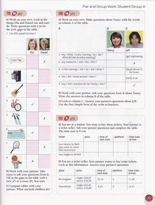 79@ ru'
a) Work on your own. Look at the
things Ella and Daniel can and can't
do. Write questionswith Can for
the pink gapsin the table.
1 CanEllaspeakGerman?
b) Work with your partner. Take
turns to ask your questions from a).
Fill in the gapsin the table with a
tick (/) or a cross (X). You start.
c) Compare tables with your
partner. What can both children do?
Pairand Group Work: Student/GroupA
98@ pzs
a) Work on your own. Make questions about Nancy with the words
in column A of the table.
she/ What/ everymorning/ doI did
what did_she-dp-.e..u-ety n p_rn!ng?
(go)sightseeing
2 anymuseums/ visit/ she/ Did?
3 in the evenings/ she/ do / did/ What ? (have)dinner
hishotel
tn
+ she/ did/ travelaround/ How?
tworeturnsto Bath
(youwantto come
backtomorrow)
two singtesto Bristol
b) You are a ticket seller.
Look at this information.
place
Birmingham
singte:f43.40
return:f 55.80
Your partner wants to buy some tickets.
Answer your partner's questions.
(rent)a car
s buy/ DidI presentsforherfamily/ she?
b) Work with your partner. Ask your questions from a) about Nancy.
Write the answersin column B of the table.
c) Look at column C. Answer your partner's questions aboutJeff.
Use the PastSimple form of the verbs in brackets.
9CGl pzs
a) You areat a station. You want to buy thesetickets. Youf iiartner is
a ticket seller.Ask your partner questions and complete the table.
The time now is 9 a.m.
ticket price
price timeof
nexttrain
timeof
nexttrain
platform timetrain
arrives
timetrain
arrives
REtta
gDaniel
1 /*-.---*_*-*
( CutenTag!) x
'il
'd
'6
'$ x
6nn
l------------------'1
tr
P x
8
x
singte:f28.20
return:f42.50
Manchester 9.25
platform
12.41
 