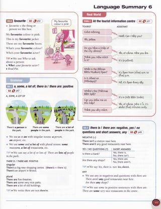 lfifil favourite 6D@052
. favounte = the thing or
personwe like best.
My favourite colour is pink.
This is my favourite jacket.
These are my favourite boots.
Whats your favourite colour?
Whos your favourite actor?
TIP!o We use Who to ask
about a person:
I Whobyour JavouriteactorT
e Brad Pitt.
ffi a some,
alotof;there
isI there
are:positive
6A@ o4t
A, SOME,A LOTOF
Art tt
ASSISTANT
Hett6.
CanI h6tp
you?
YEs,
of co'urse.
HEre
youdre.
It's(apo'und).
It's6oen
from(nine)
a.m.
ro
l,
(flve, p.m.
N6,it's6pen
€very
d6y.
It'sin(H6tBEth
Stre'et).
YEs,
of co'urse.
HEre
it is.lt's
abo'ut
(five)minutes
awly.
ffimm
There's
a personin
thepark.
#a | ll
-",^ I
ftta
*,rtfl;i
h*
IIJIW
fWl/
Therearesome
peoplein the park.
#4t
lfiM
M{
Thereare a lot of
people in the park.
ffi there
isI there
are:negatiue,
yesI no
; Weusea or an with singularnouns:a person,
an aitport, etc.
',..Weusesomeanda lot of with plural nouns: some
museums,
alot of restaurants,
etc.
' r We cansaya lot of or lotsof: There
arelots of people
in theparh.
THERE
lSI THERE
ARE:
POSITIVE
singular
There's
a bignew
 
