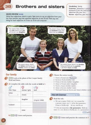 Jtl
U 4rt Ft Fl
-^1r- -
a=, Brothers and sisters
QUICKREVIEW
ooo
Writefouradjectives.Work
in pairs.Take
turnsto sayanadjective
fromyour
list.Yourpartnersays
the opposite
adjective:
A new.Bo/d.Thensayone
thingfor eachadjective:
A Anewcar.BAnoldcomputer.
Ourfamily
Vocabularyfamily
Grammarpossessive
's;sub:-
pronouns
(t,
you,etc.)andpc
adjectives
(my,
your,etc.)
Reviewadjectives;
jobs;Hov,
a
T
both
/ girls
b)
O ^ ,
to:I at the photo of the Cooper family.
Keadand lrsten.
O ^l
Completethe tablewith the words in bold in 1.
men/ boys
father
() (mum)
daughter
(singutar:
child)
husband
sister
Listen and practise.
I
women
@
 