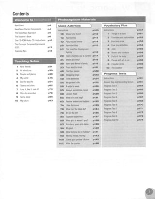 Contents
{aceRface
fnce2fsceStaderComponents
Thefaecgf;ic#Approach
TheStudent'sBook
TheCD-R0M/AudioCD:Instructions
TheCommonEuropeanFramework
(cEF)
TeachingTips
p4
p4
ps
p6
plo
Class Activities Vocabulary Plus
1 Newfriends
2 Allaboutyou
3 Peopleandplaces
4 Myworld
5 Dayto-daylife
6 Townsandcities
7 Loveit,likeit,hateit!
a Daystoremember
9 Goingaway
10 Myfuture
instructions
1B Where'shefrom?
lC Realnames
1D Picturesandwords
2B Newidentities
2.Q Thenine2fiveEmPloYment
Agency
2D Heara number,saya number
3A WherearetheY?
BarryandWendy'sfamily
Fromstadtofinish
Findtwopeople
Shoppingbingo
Timedomtnoes
Mypadner'slife
Awriter'sweek
Always,som€times,never
LondonRoad
What'sinyourbag?
Reviewsnakesandladders
Ilikedominoes
Whatcantheclassda?
It'sontheleft
0ppositeadjectives
Wereyouorweren'tyou?
Numbers,yearsanddates
Mypast
Progress Tests
lnstructions
1 Thingsina room
2 Countriesandnationalities
3 Foodanddrink
4 Freetimeactivities
5 Jobs
6 Roomsandfurniture
7 Partsofthebody
a Placeswithat,in,on
I lrregularverbs
'lO Theweather
Instructions
AnswerKeyandRecordingScripts
ProgressTest1
ProgressTest2
ProgressTest3
ProgressTest4
ProgressTest5
ProgressTest6
ProgressTest7
ProgressTest8
ProgressTest9
ProgressTest10
p13
pla
plOO
pll2
p'|13
p114
p'll5
plle
tr117
p118
p119
pl21
p122
r'12S
p124
p125
p126
pl2A
pl29
pl31
p132
p133
pl34
pI35
p137
pl3A
pI39
p'l4()
p-141
p1rt3
p'|45
pl46
p747
p151
pl52
pl53
pl54
p't55
pl56
pt57
pl58
pl5s
pl6()
p161
pl6l
pI64
pt65
pl65
plE7
pl6A
p17O
p171
p172,
p173
P174
p21
p30
p3A
p46
p54
p62
p_70
p7A
pa5
p93
3B
3D
4B
4C
4D
5A
5B
5D
6B
5C
ED
7A:
7B
7e
8A
AE
AD
9A
9E} WhatdidyoudoonholidaY?
9D Money,money,moneyl
1oB Guessyourpartner'sfuture
lOC Afterthecourse
 