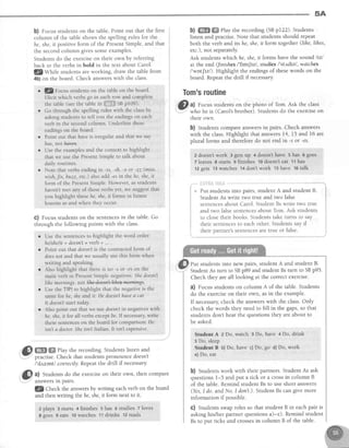 5A
b) Focus studentson the table Point out that the first
column of the tableshows the spelling rules for the
he, she,if positive form of the PresentSimple,and that
the secondcolumngivessomeexamp[es.
Studentsdo the exerciseon their own by referring
back to the verbsin bold in the text about Carol.
f.Ult7t1'ti1"students are working, draw the table from
4b)on the board. Check answerswith the class.
. lg Focusstudentson the tableon the board.
Elicit which verbsgo in eachrow and complete
the table(seethe tablein ffi# ss pr09).
r Go through the spelling rules with the classby
askingstudentsto tell you the endingson each
verb in the secondcolumn Underline these
endingson the board.
r Point out that haveis irregular and that we say
has,not harcs.
r Usethe examplesand the context to highlight
that we usethe PresentSimpleto talk about
daily routines.
o Note thatverbsendingin -ss,-sh,-x or -zz (miss,
wish,frx, buzz, erc.)alsoadd -esin the he,she,it
form of the PresentSimple,However,asstudents
haven'tmet any of thesevertrsyet, we suggestthat
you highlight thesehe,she,Ltlotms in future
lessonsasand when they occur-
C) Focus studentson the sentencesin the table' Go
through the following points with the class.
b) ffi ffi ehy the recording (SBp122). Students
listen and practise.Note that studentsshould repeat
both the verb and its he,she, it form together(lihe, lihes,
etc.), not separately.
Ask students which he,she,it forms have the sound ltzl
at the end (finishes /fln[vl , studiesI'sttvdtzl, watches
I'wot[tzl). Highlight the endings of thesewords on the
board. Repeatthe drill if necessary.
Tom'sroutine
,'Jl, a) Focus studentson the photo of Tom.Ask the class
I who he is (Carol'sbrother). Studentsdo the exerciseon
their own.
b) Students compare answersin pairs. Check answers
with the class.Highlight that answers14,15 and L6 arc
plural forms and therefore do not end in -s or -es.
2 doesn'twork 3 getsup 4 doesnt have 5 has 6 goes
TleavesSstarts gfinishes lgdoesnft'eat,11!4s
i
1egets 13watches 14donlt work ts have 16talk
*, Put studentsinto pairs,student A and student B.
Student As write two true and two false
sentencesabout Carol. StudentBswrite two true i
and two falsesentencesabout Tom.Ask students i
to close their books. Students take turns to say i
their sentencesto each other. Students say if i
their partner'ssentencesare true or false. :
Use the sentences to highlight the word order:
he/she/it+ doesn't+ verb + ... .
Point out that doesn'tis the contracted form of
does not and that we usually use this form when
writing and speaking.
Also highlight that there is no -s or -es on the
main verb in Present Simple negatives: Shedoesn't
lihemornings not@
Use the THFIto highlight that the negative is the
same for he, she and itl.He doesn'thate d car.
It doesn'tstdrt todcry.
Also point out that we use doesn'tin negatives with
he, she,it for all verbs except be. If necessary write
these sentences on the board for comparison: He
isn't a doctor Sheisn't Itdlirn It isn't expensive.
t
Put studentsinto new pairs, studentA and student B.
StudentAs turn to SBp89 andstudentBsturn to SBp95.
Check they areall looking at the correctexercise.
a) Focusstudentson column A of the table.Students
do the exerciseon their own, asin the example.
If necessarycheck the answerswith the class.Only
check the words they need to fill in the gaps,so that
studentsdon't hear the questionsthey are about to
be asked.
Studrut A z Do, watch s Do, have + Do, drink
5 Do, sleep
Student I b)Do, have c) Do, go d) Do, work
e)Do, eat
b) Studentswork with their partners. Student As ask
questions1-5 and put a tick or a crossin column B
of the table. Remind student Bs to use short answers
(Yes,I do. and No, I don't.). StudentBs can give more
informationif possible.
G) Studentsswaprolesso that student B in eachpair is
asking his/her partner questions a)-e). Remind student
Bs to put ticks and crossesin column B of the table.
l9 mffi lhythe recording.Studentslisten and
-'
practise.Check that studentspronounce doesn't
/drzentl correctly. Repeatthe drill if necessar;r
,,@
t) Students do the exerciseon their own, then compare
answersln parrs.
lQ Check the answersby writing eachverb on the board
and then writing thehe, she,it form next to it.
2 plays 3 starts 4 finishes 5 has 6 studies 7 loves
I goes g eats '!0watches 11
'drtnks l2 reads
 