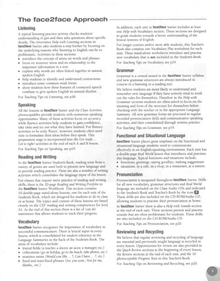 The tac,e?face Approach
Listening
A typical listening practiceactivity checksstudents'
understandingof gist and then asksquestionsabout specific
detailg.The innovative Helpwith Listeningsectionsin
face2faceSurter take studentsa stepfurther by focusing on
the underlying reasonswhy listening to English can be so
problematic.Activities in thesesections:
o introduce the concept of stresson words and phrases
o focus on sentencestressand is relationship to the
important information in a text
o explain why words are often linked together in natural
spoken English
. help studentsto identify and understandcontractions
. infioduce somecommon weak forms
o show studentshow thesefeaturesof connectedspeech
combine to give spoken English its natural rhythm.
For TeachingTipson Listening, seepl8.
Speaking
All the lessonsin face2faceStarter and the Class Activities
photocopiablesprovide studentswith numerous speaking
opportunities. Many of theseactivities focus on acctracy,
while fluency activities help students to gain confidence,
take risks and try out what they have leamed. For fluency
activitiesto be truly'fluenf, however,studentsoften need
time to formulate their ideasbefore they speak.This
preparationstageis incorporatedinto the Getready...
Getit nght! activitiesat the end of eachA and B lesson.
For TeachingTipson Speaking,seepI9.
ReadingandWriting
In the face2faceSarter Student'sBook, readingtexts from a
variety of genresareusedboth to presentnew languageand
to provide reading practice. There arealso a number of writing
activitieswhich consolidatethe languageinput of the lesson.
For classesthat require more practice of readingand writing
skills, thereis the 20-pageReadtngandWntingPortfolio in
the face2faceSmrterWorkbook. This sectioncontains
10 double-pagestand-alonelessons,one for eachunit of the
Student'sBbok, which aredesignedfor studentsto do in class
or at home. The topics and content of theselessonsarebased
closely on the CEF reading and writing competencesfor level
A1. At the end of this sectionthereis a list of 'cando'
statementsthat allows studentsto track their progress.
Uocabulary
lace?taceStarter recognisesthe importance of vocabulary in
successfulcommunication. There is lexical input in every
lesson,which is consolidatedfor student referencein the
LanguageSummanesin the back of the Student'sBook. The
areasof vocabularyinclude:
o lexical fields (a teacher,a doctotran actor,amanaget,etc.)
o collocations(goonholiday,go to thebeach,tahephotos,etc.)
. sentencestems(Wouldyoulihe... ?,Canlhave ... ?, etc.)
o fixed and semi-fixedphrases(Seeyou soon.,Notfor me,
thanhs.,etc.)
In addition, eachunit in face2faceSarter includes at least
oneHelp withVocabularysection.Thesesectionsaredesigned
to guide students towards a better understanding of the
lexical systemsof English.
For longer coursesand/ormore ablestudents,this Teacher's
Book also containsoneYocabularyPlusworksheet for each
unit. Thesestand-aloneworksheetsintroduce and practise
new vocabulary that is not included in the Student'sBook.
For TeachingTipson Vocabularyseepl9.
Grammar
Grammar is a central strand in the face2faceStarter syllabus
and new grammar structures are always introduced in
context in a listening or a readingtext.
We believe students are more likely to understand and
remember new languageif they have actively tried to work
out the rules for themselves.Therefore in the Help with
Grammarsectionsstudentsareoften askedto focus on the
meaning and form of the structure for themselvesbefore
checking with the teacher or in the appropriate Language
Summary.All new grammar forms arepractisedin regular
recorded pronunciation drills and communicative speaking
activities,and then consolidatedthrough written practice.
For TeachingTipson Grammaq seepl9.
FunctionalandSituationalLanguage
face2faceSarter placesgreatemphasison the functional and
situational languagestudentsneedto communicate
effectively in an English-speaking environment. Each unit has
a double-pageRealWorld lessonthat introduces and practises
this language.Typicalfunctions and situationsinclude:
o functions: greetings,sayinggoodbye,making suggestions
o situations:in a caf€,in a shop, in a restaurant,at a station.
Pronunciation
Pronunciationis inte$ated throughout face2faceStarter.Drills
for all new vocabulary grammar structures andRealWorld
languageareincluded on the ClassAudio CDs and indicated
in the Student'sBook and Teacher'sBook by the icon ffi.
Thesedrills arealsoincluded on the CD-ROM/Audio CD,
allowing studentsto practisetheir pronunciation at home.
In faee2faceSarter thereis alsoa Help with Soundssection
at the end ofeach unit. Thesesectionspresentand practise
soundsthat areoften problematic for students.Thesedrills
arealsoincluded on the CD-ROM/Audio CD.
For TeachingTipson Pronunciation, seep20.
ReviewingandRecycling
We believe that regular reviewing and recycling of language
are essentialand previously taught languageis recycled in
everylesson.Opportunities for review arealsoprovided in
the QuichRevionsectionsat the beginmng of everylesson,
the Reviausectionsat the end of eachunit, and the l0
photocopiableProgressTestsin this Teacher'sBook.
For kachingTips on Reviewingand Recycling,seep20.
 