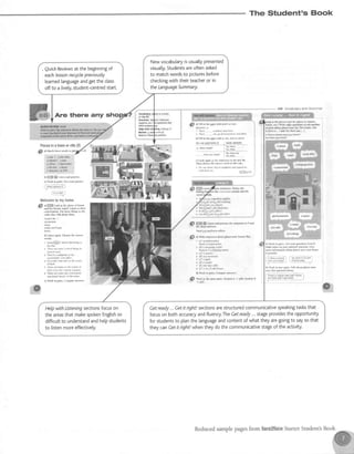 or city (2)
lt linking{l)
The Student's Book
6B Vocabulaw and Grflmer
rk piduR.nd rhc pLc6 (a <tu,
hatrls. <rr ) Mr fight Nad.ms b S sdkt
gtuilcd aboil nb(s ffi his/hc h(re U*
&
alriU iDthcpr6Mh3mr or isn!
1 TheF a $btion nd.here
2 Ther€ rhls{.dr$rN,nils ncilhere
blSiU ib ilE gW $nh i!. aro tont ormnt
B/rcQU6@l{1 :SqIANffi_,
::::*Y*,-rESil*ri@ anv !tuni :
tt tl€e *
el hk {Edn ut llt sGMs inbi nd 3h}
k .hMc the corRt word h #F nle
s s;e uscea6litry h nepN6 and q(sridG
Are there any
Plaeminahsn orcity{z}
S
al silch (hEc *ff& to
r oei r .'pgaq*
"
{4@j'"tdi* :. .
i i*M . i dpfiniiffibt "
..-sn!,*i. q's!4d''.
- .**ii*ilan'rftfi -
: -
_ ' : ! ' '
-
bl ff$m {8 risreD'nd Frurjse
!lWork in paitsTei Yourl)annti
iwh"r''pn"d)
i-,ii;;;il
tue{e|}nostssryftsme
@
ul {3$r*lo l* uhos d susn
d I.r lr@. remr, sr0n ro.nfir
cdtesdm ht 6M lhn4s h dre
otu drq'dk.bdr thm.
r6im sd bffi
b, Ustrs Wh Ckx rhe smot
r sunn@/c@^ttaa[sn*in
h$ Ilar
2 The6 aG rorel 3 loro,rsholrsl)
3 Theela caehpointetrh!
upeilnatkt I p$ afli.e
{ l;ani./6€dilet ro d1ec.rrre
5 thiE iR b$es h lht tcilr. ol
&rh oln lH / @nry niDul4t
6 Tture arc smc nlcr retuuidls
fts Wn tuule I in tb <:e6ile
4l W* in Fh CmM.rBsK
*s#PIr j
tfi.:gj:re *sgj,ld huildinss
. rhe,t-so.-dB nrsdB
5 1$rhq.lj lnr-rmcr
6 trrc thidny ntetd c{l4l
ip @ s* tuuo.'a p"M & frtnG h 4 0d
ksM4s$s.
]k'Us,qd,,iw.,irre'
@
o! lrficmlffir *out d'.6 Dar sdsi ns
r (/) ns{tcnlrBc!
&reL eope.nr.br
2 dl2shnppin8ctrtrc
rtu/e !.t'r t thopping ce@.
3 (/) a erktt
4 {/q ilnr nn*rurnr
7 (D f,nyniceqtG
3 ( / ' . , l n . i r l l b i l u * '
b) *brk h Fh. conp3f,e ans'!rs
@
wo'l o tt'e *" piK Srildcnt A *
l8d sruddr B
.r p9l.
Islr.ma lil[l4ftdrtrry,7
btuaMaNsfrurtunet
s) wdrk h l)als A![ yN qftsdDor lun I
Mkc nots on )d! pdncB secE Givt
nrnN nrfornndon about pLa.6 rFJ yoilt hNne
ilJiiilii
"'
li,ii;i'r i'vJiiiii- ii.riiiiiJ'r
I nPn,rourh0nEl miBtesawt
!) sbrk h ftw pai6 TnlL ahnt pltrcc5 fta.
y@. fiEt pannd hmc
i;;,;,;..'**;ilM*)
I hr lhereffitry Meb. J
Newvocabularyisusua[tyPresented
visually.Studentsareoften asked
to match wordsto picturesbefore
checkingwith theirteacheror in
theLanguageSummary.
. QuickReviewsat thebeginningof
eachlessonreryclepreviousty
learnedlanguageandgettheclass
offto a [ive[v,student-centredstart.
HelpwithListenrngsectionsfocuson
theareasthatmakespokenEnglishso
difficuttto understandandhelpstudents
to listenmoreeffectively.
Aetready...Getitright!sectionsarestructuredcommunicativespeakingtask that
focusonbothaccuracyandfluency.TheGetready...stageprovidestheopportunit),
forstudentsto planthelanguageandcontentof whattheyaregoingto saysothat
theycanGetitright!whentheydothecommunicativestageoftheactivity'
 