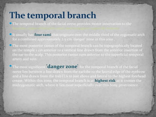 The temporal branch of the facial nerve provides motor innervation to the
frontalis, upper orbicularis oculi, and corrugator supercilii muscles.
It usually has four rami that originate over the middle third of the zygomatic arch
for a combined approximately 2.5 cm 'danger' zone in this area .
The most posterior ramus of the temporal branch can be topographically located
on the temple 1 cm anterior to a vertical line drawn from the anterior insertion of
the ear to the scalp. This posterior ramus runs anterior to the superficial temporal
artery and vein.
The most significant 'danger zone' for the temporal branch of the facial
nerve lies between a line drawn from the earlobe to the lateral edge of the eyebrow
and a line drawn from the trabTUs to just above and lateral to the highest forehead
crease. Within this zone, the temporal branch is at highest risk as it crosses the
midzygomatic arch, where it lies most superficially over this bony prominence.
The temporal branch
 