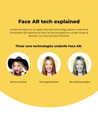 Unlike the early try-on apps, Face AR technology allows a real-time
f rictionless AR experience that can be accessed on a wide range of
devices, not only top-level iPhones.
3D face tracking
Three core technologies underlie Face AR: 
Face segmentation 3D rendering engine
Face AR tech explained
 