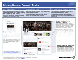 Following Change on Facebook – Timeline

What it Means for Users                                            What it Means for Brands                                          How Brands integrate with Users’ Timelines

Profiles evolve to scrapbooks. Users will shift from reporting     A new dynamic for brands on Facebook. Brands shift from content   Create opportunities for participation with your brand that can
(posts about what’s happening now) to storytelling (curating the   creators to experience architects.                                manifest in interesting ways on users’ Timelines.
content of their lives – past, present, and future).
                                                                   Develop experiences that provide value to users, help them        Think beyond actions on Facebook. Look for opportunities to
Apps and verbs help make users’ Timelines more interesting         enhance their Timelines, and engage with brands.                  express real-world actions online and opportunities on mobile and
and enable sharing and discovery with friends.                                                                                       other digital sites.


Examples
                                                                                                                                                    Bring real-world actions and self
                                                                                                                                                    expressions to Facebook.
                                                                                                                                                    Apps that seamlessly integrate real-world
                                                                                                                                                    actions with Timeline are still in development
                                                                                                                                                    and will likely emerge in early 2012. These
                                                                                                                                                    apps will allow users to frictionlessly share
                                                                                                                                                    and show off their real-world activities.

                                                                                                                                                    Take Nike+ for example. The current app
                                                                                                                                                    requires the user to publish the results of their
Create unique ways to enhance a                                                                                                                     run and each post has the same format. A
Timeline.                                                                                                                                           future version that takes advantage of
ABC targeted fans of its shows to inform fans                                                                                                       Timeline might create a variety of different
of cover photos available for their use. The                                                                                                        stories and visuals from the user’s data.
post also educated fans on how to switch to
Timeline.

Users that upload a new cover photo show
off their love for their favorite shows at the
top of their profile and generate a story on
their Timeline.


                                                                                                                                                     Help users enhance their Timeline while
                                                                                                                                                     sharing and discovering with friends.
                                                                                                                                                     Spotify’s Facebook integration provides
                                                                                                                                                     frictionless sharing for users by posting the
                                                                                                                                                     music they are listening to on Spotify to their
                                                                                                                                                     Timeline. Friends can easily discover new
  For more information on Timeline, check out:                                                                                                       music by listening to it directly from a post.
  https://www.facebook.com/about/timeline




 Following Change on Facebook, Vol 1, Issue 8 December 2011 © Leo Burnett / Arc Worldwide
 Contact: Marina Molenda 312-220-5465 / Twitter: @marina81
 