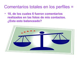 Comentarios totales en los perfiles = 10, de los cuales 6 fueron comentarios realizados en las fotos de mis contactos. ¿Esta esto balanceado? 