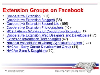 Extension Groups on Facebook Cooperative Extension  (500) Cooperative Extension Bloggers  (35)  Cooperative Extension Second Life  (156) Cooperative Extension Photographers  (10) NCSU Alumni Working for Cooperative Extension  (17) Cooperative Extension Web Designers and Developers  (17) Extension Information Technologists  (67)  National Association of County Agricultural Agents  (134)  NACAA - Early Career Development Group  (41) NACAA Sons & Daughters  (10)  