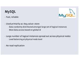 MySQL
▪   Fast, reliable


▪   Used primarily as <key,value> store
      ▪   Data randomly distributed amongst large set of logical instances
      ▪   Most data access based on global id


▪   Large number of logical instances spread out across physical nodes
      ▪   Load balancing at physical node level


▪   No read replication
 