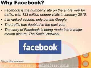 Why Facebook?Facebook is the number 2 site on the entire web for traffic, with 133 million unique visits in January 2010. It is ranked second, only behind Google.The traffic has doubled in the past year.The story of Facebook is being made into a major motion picture, The Social Network.Source: Compete.com