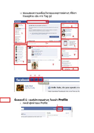 13. ช่องแสดงความเคลื่อนไหวของเหตุการณ์ต่างๆ   ที่มีเรา
         ร่วมอยู่ด้วย เช่น การ Tag รูป

                               ٩
                                                   ٤


     ١
                                                       ٥


                               ١٠
                                                           ٦


                                                           ٧


         ٢
                                         ٣
                                                       ٨

                11   12   13




ขั้นตอนที่ ٤ : องค์ประกอบต่างๆ ในหน้า Profile
     1. กดเข้าสู่หน้าของ Profile
                                             1
 