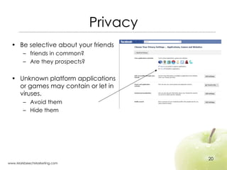 Privacy <ul><li>Be selective about your friends </li></ul><ul><ul><li>friends in common? </li></ul></ul><ul><ul><li>Are th...