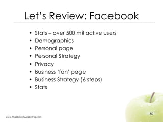 Let’s Review: Facebook <ul><li>Stats – over 500 mil active users </li></ul><ul><li>Demographics </li></ul><ul><li>Personal...