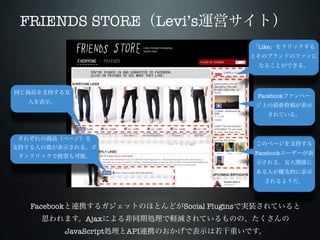 FRIENDS STORE                  Levi’s
                                                        Like




                                                       Facebook




                                                   9




                                                       Facebook




 Facebook                         Social Plugins
                 Ajax
            JavaScript   API
 