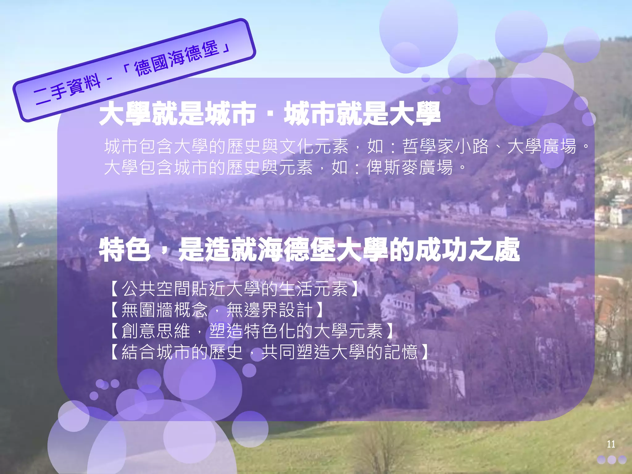大學就是城市‧城市就是大學
城市包含大學的歷史與文化元素，如：哲學家小路、大學廣場。
大學包含城市的歷史與元素，如：俾斯麥廣場。



特色，是造就海德堡大學的成功之處
【公共空間貼近大學的生活元素】
【無圍牆概念，無邊界設計】
【創意思維，塑造特色化的大學元素】
【結合城市的歷史，共同塑造大學的記憶】




                               11
 