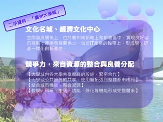 文化名城、經濟文化中心
空間發展關係上，位於廣州南拓軸上和都會區中，實現良好城
市互動；產業發展關係上，位於IT產業的軸帶上，形成學、研、
產一體化創新基地。


競爭力，來自資源的整合與良善分配
【大學城內各大學共享度高的設施，緊密合作】
【大學城公共設施的共享，使用層拓張到整體都市市民】
【結合城市機能，整合資源】
【教學、科研、生活、功能、綠化等機能形成完整體系】




                                12
 