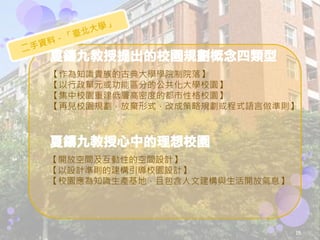 夏鑄九教授提出的校園規劃概念四類型
【作為知識貴族的古典大學學院制院落】
【以行政單元或功能區分的公共化大學校園】
【集中校園重建低層高密度的都市性格校園】
【再見校園規劃，放棄形式，改成策略規劃或程式語言做準則】



夏鑄九教授心中的理想校園
【開放空間及互動性的空間設計】
【以設計準則的建構引導校園設計】
【校園應為知識生產基地，且包含人文建構與生活開放氣息】




                              15
 