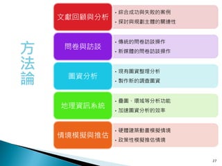 • 綜合成功與失敗的案例
    文獻回顧與分析
              • 探討與規劃主體的關連性




方
              • 傳統的問卷訪談操作
    問卷與訪談
              • 新媒體的問卷訪談操作

法             • 現有圖資整理分析

論    圖資分析
              • 製作新的調查圖資


              • 疊圖、環域等分析功能
    地理資訊系統
              • 加速圖資分析的效率


              • 硬體建築動畫模擬情境
    情境模擬與推估
              • 政策性模擬推估情境


                              27
 