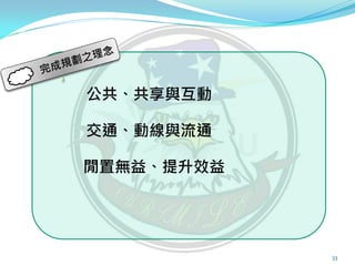 公共、共享與互動

交通、動線與流通

閒置無益、提升效益




            33
 