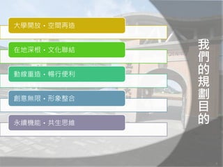大學開放‧空間再造


在地深根‧文化聯結
            我
            們
動線重造‧暢行便利   的
            規
創意無限‧形象整合   劃
            目
永續機能‧共生思維   的


                9
 