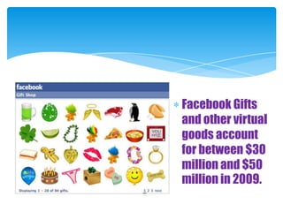 Facebook Gifts and other virtual goods account for between $30 million and $50 million in 2009.