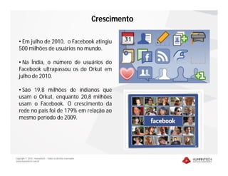 Crescimento

   • Em julho de 2010, o Facebook atingiu
   500 milhões de usuários no mundo.

   • Na Índia, o número de usuários do
   Facebook ultrapassou os do Orkut em
   julho de 2010.

   • São 19,8 milhões de indianos que
   usam o Orkut, enquanto 20,8 milhões
   usam o Facebook. O crescimento da
   rede no país foi de 179% em relação ao
   mesmo período de 2009.




Copyright © 2010 – Humantech – Todos os direitos reservados
www.humantech.com.br
 