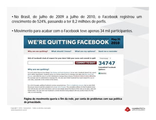 • No Brasil, de julho de 2009 a julho de 2010, o Facebook registrou um
 crescimento de 524%, passando a ter 8,2 milhões de perfis.

 • Movimento para acabar com o Facebook teve apenas 34 mil participantes.




                   Página do movimento queria o fim da rede, por conta de problemas com sua política
                   de privacidade.

Copyright © 2010 – Humantech – Todos os direitos reservados
www.humantech.com.br
 