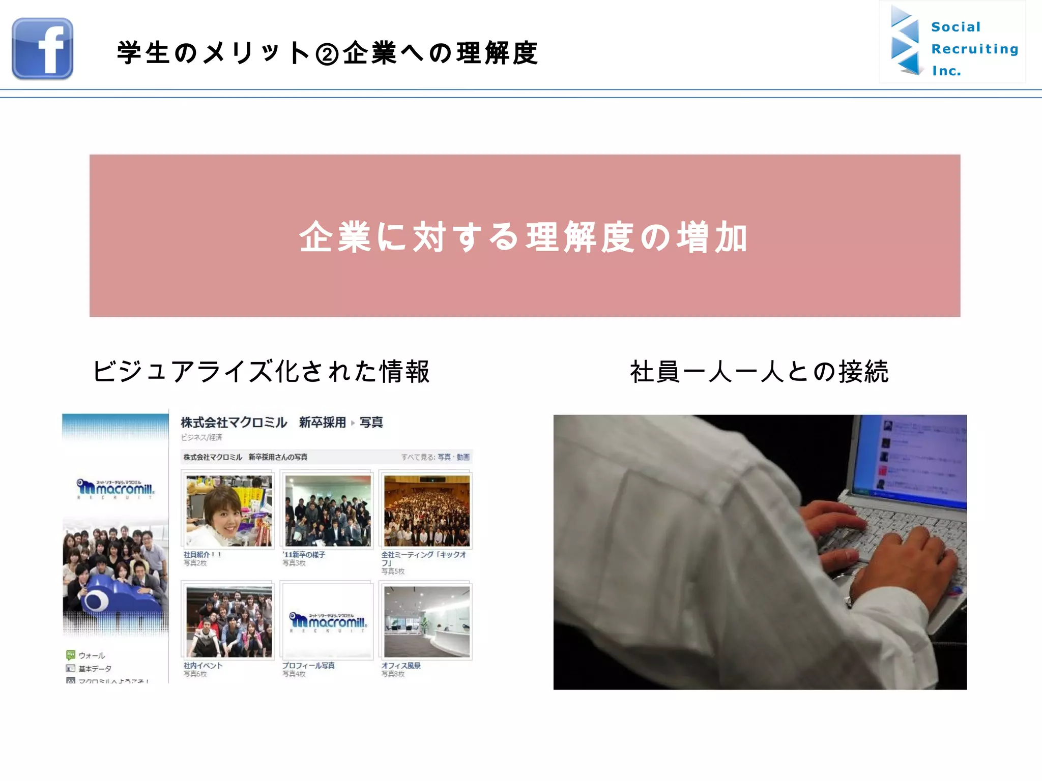 ビジュアライズ化された情報 社員一人一人との接続 企業に対する理解度の増加 学生のメリット②企業への理解度 