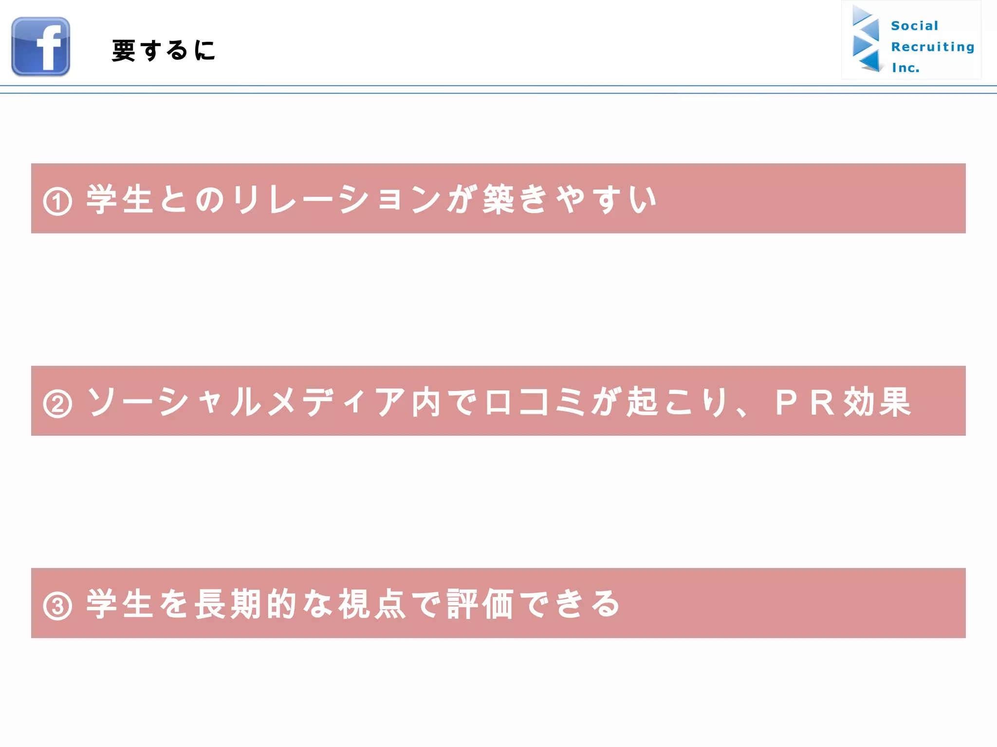 ① 学生とのリレーションが築きやすい 要するに ③ 学生を長期的な視点で評価できる ② ソーシャルメディア内で口コミが起こり、ＰＲ効果 