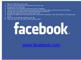1. More than 500 million active users
 2. 50% of our active users log on to Facebook in any given day
 3. Average user has 130 friends
 4. People spend over 700 billion minutes per month on Facebook
 5. There are over 900 million objects that people interact with (pages, groups, events and community pages)
 6. Average user is connected to 80 community pages, groups and events
 7. Average user creates 90 pieces of content each month
 8. More than 30 billion pieces of content (web links, news stories, blog posts, notes, photo albums, etc.) shared each
    month
 9. More than 70 translations available on the site
10. There are more than 250 million mobile Facebook users




                              www.facebook.com
 