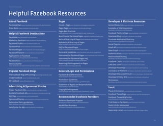 Best Practice Guide




Helpful Facebook Resources
About Facebook                                              Pages                                                      Developer & Platform Resources
Facebook Stats www.facebook.com/press/info.php?statistics   Create a Page www.facebook.com/pages/create.php            General Resources www.developers.facebook.com
Press Room www.facebook.com/press.php                       Pages Page www.facebook.com/FacebookPages                  Examples of Site Integrations
                                                                                                                       developers.facebook.com/showcase/
                                                            Pages Best Practices
Helpful Facebook Destinations                               www.facebook.com/FacebookPages?v=app_7146470109            Facebook Platform Page www.facebook.com/platform
                                                            Most Popular Facebook Pages pagedata.insidefacebook.com/   Developer Blog developers.facebook.com/blog/
Facebook www.facebook.com/facebook
                                                            Vertical Directory of Pages www.facebook.com/pages/        Facebook Application Directory
Marketing Solutions www.facebook.com/marketing                                                                         www.facebook.com/apps/directory.php
                                                            Alphabetical Directory of Pages
Facebook Studio www.facebook-studio.com                     www.facebook.com/directory/pages                           Social Plugins developers.facebook.com/plugins
Facebook Ads www.facebook.com/facebookads                   FAQ for Facebook Pages                                     Graph API developers.facebook.com/docs/reference/api/
Facebook Pages www.facebook.com/facebookpages               https://www.facebook.com/help/?topic=pages
                                                                                                                       Open Graph developers.facebook.com/docs/opengraph/
Facebook Platform www.facebook.com/platform                 Terms and Guidelines www.facebook.com/terms_pages.php
                                                                                                                       Authentication developers.facebook.com/docs/authentication/
Applications on Facebook                                    Usernames for Facebook Pages www.facebook.com/username
                                                                                                                       Post Purchase Sharing
www.facebook.com/applicationsonfacebook
                                                            Usernames for Facebook Pages FAQ                           developers.facebook.com/docs/reference/dialogs/
Facebook Live www.facebook.com/FacebookLive                 https://www.facebook.com/help/?page=900
                                                                                                                       Facebook Credits developers.facebook.com/credits/
Webinar Center                                              Reporting IP Infringement on Pages
                                                                                                                       SDKs and Tools developers.facebook.com/docs/sdks/
www.facebook.com/adsmarketing/index.php?sk=webinarcenter    www.facebook.com/copyright.php
                                                                                                                       Developer Roadmap developers.facebook.com/roadmap
Popular Facebook Blogs                                      General Legal and Permissions                              Live Status of Platform developers.facebook.com/live_status

The Facebook Blog (official blog) www.blog.facebook.com/    Facebook Brand Permissions                                 Developer Discussion Forum forum.developers.facebook.net/
                                                            www.facebook.com/brandpermissions                          Developer’s Policy Wiki developers.facebook.com/policy/
Inside Facebook www.insidefacebook.com/
                                                            Promotions Guidelines                                      Permissions
All Facebook www.allfacebook.com/                           www.facebook.com/promotions_guidelines.php                 developers.facebook.com/docs/authentication/permissions
                                                            Statement of Rights and Responsibilities
Advertising & Sponsored Stories                             www.facebook.com/terms.php
                                                                                                                       Local
Create Facebook Ads www.facebook.com/ads/create/            Copyright Infringement
                                                            www.facebook.com/legal/copyright.php?howto_report          Places Information www.facebook.com/places
Guide to Facebook Ads www.facebook.com/adsmarketing/
                                                                                                                       Facebook Places Page www.facebook.com/facebookplaces
Ads Page www.facebook.com/FacebookAds                       Recommended Facebook Providers                             Facebook Places Help Center
Sponsored Stories www.facebook.com/sponsoredstories                                                                    www.facebook.com/help/?topic=places
                                                            Preferred Developer Program
External Ad Policy guidelines                               developers.facebook.com/preferreddevelopers                Find Deals on Facebook www.facebook.com/deals
www.facebook.com/ad_guidelines.php
                                                            Ads API Tool Providers                                     Deals Info for businesses
Help Center for Ads www.facebook.com/adshelp                developers.facebook.com/adsapivendors                      www.facebook.com/deals#!/deals/business

                                                                                                                       Deals Help Center www.facebook.com/help/?page=18844




                                                                                                                                                                                     14
 