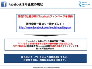 Facebook活用企業の現状


    現在70社程が既にFacebookファンページを保持

          活用企業一覧はソー活ナビにて！
    http://www.facebook.com/socialrecruitingnavi




       「いいね！」の数＝ファン数は平均170程。
   「いいね！」が150集まれば日本の新卒業界でTop20に入る。
 今すぐ始めると新卒業界でFacebook活用先進的企業のブランディングを
             築ける可能性がある！



     誰もまだやっていないから時期尚早と見るか、
      可能性を感じ、勝負に出る事が出来るか。


               Social Recruiting Inc. Ⓒ All rights reserved.
 
